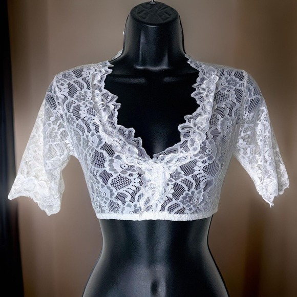 New Small White‎ Lace Dirndl Blouse Undershirt Top Stretchy V Neck Crop - Picture 2 of 4
